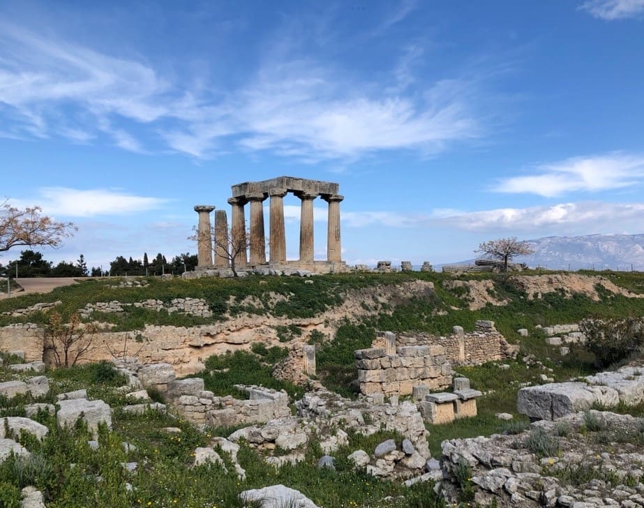 The ruins of the Temple of Apollo at Corinth. The city was known in antiquity for this magnificent Doric temple. Ironically, this was the city where the preacher from Alexandria, Apollos, came to minister. Corinth was destroyed by the Romans under Lucius Mummius, then later refounded as a city by Julius Caesar, just before his assassination. As a result, many monuments in the city were dedicated to his memory, and that of his familv. Photo by John Buckner