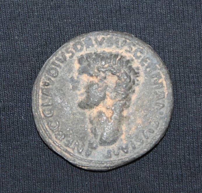 Sestertius from the time of the Emperor Nero, approximately 40-45AD. Purchased by the author in Baalbek, Lebanon in 2014. This coin shows the emperor, as well as his names: Nero Claudius Drusus Germanicus Imperator. Photo by John Buckner