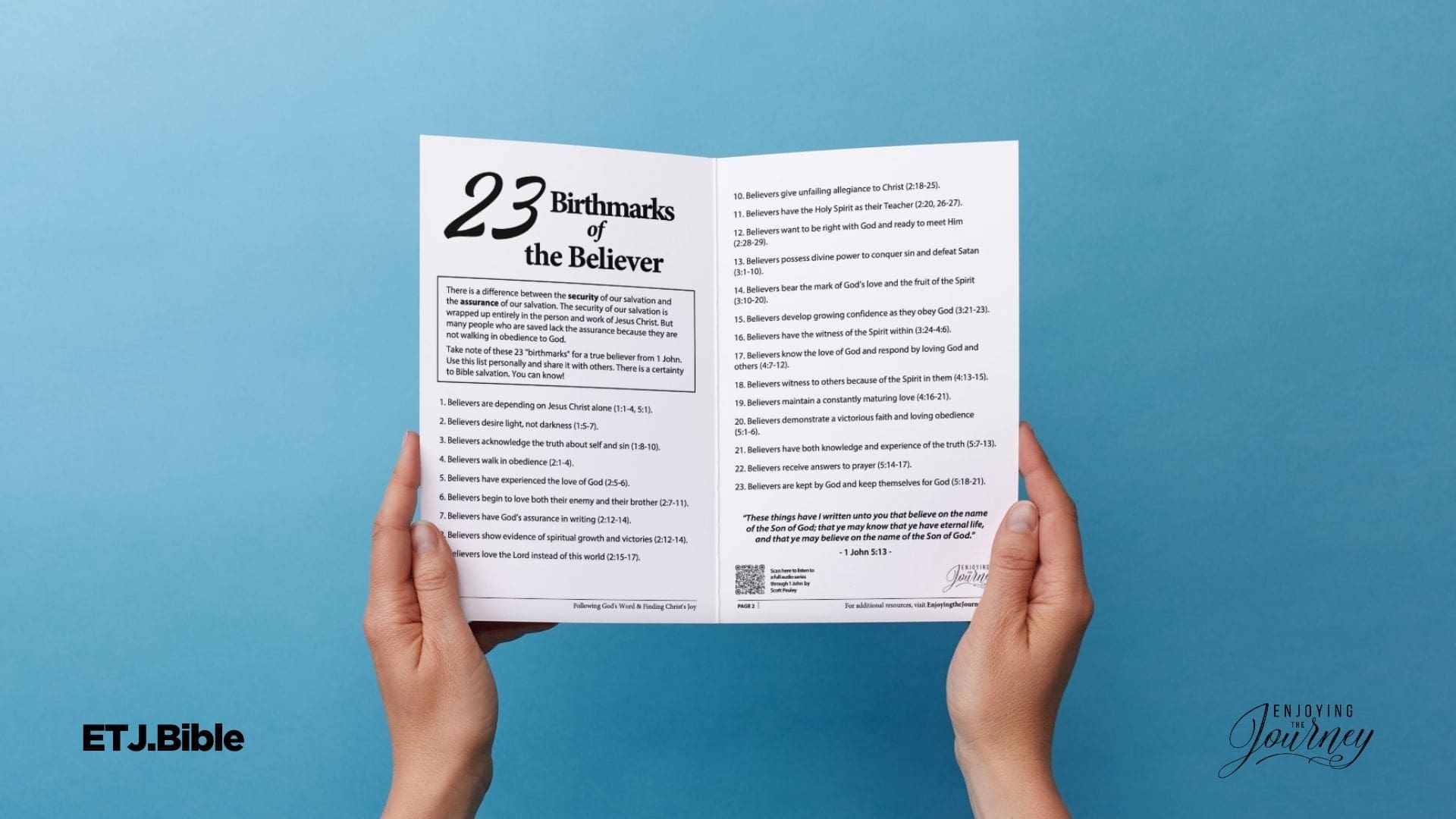Mockup for how to download the "23 Birthmarks of the Believer." This handout is a tool to help you understand the birthmarks of a believer from 1 John. Jesus provides the security of our salvation by His work on the Cross and resurrection, but the believer can find assurance in their salvation. 