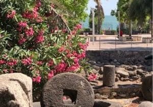 Ancient millstone in Capernaum, with the Sea of Galilee in the background. It is easy to imagine Jesus pointing and saying “It would be better to have that tied around your neck and be thrown in there!” 
Photo by John Buckner 