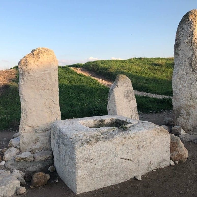 Canaanite pillars have been found throughout the holy land, but the ones at Gezer are unique due to their Size and number. The pillars, and the stone basin. The basin was probably used for the pouring of drink offerings. The stones are believed to represent specific Canaanite gods. Photo by John Buckner