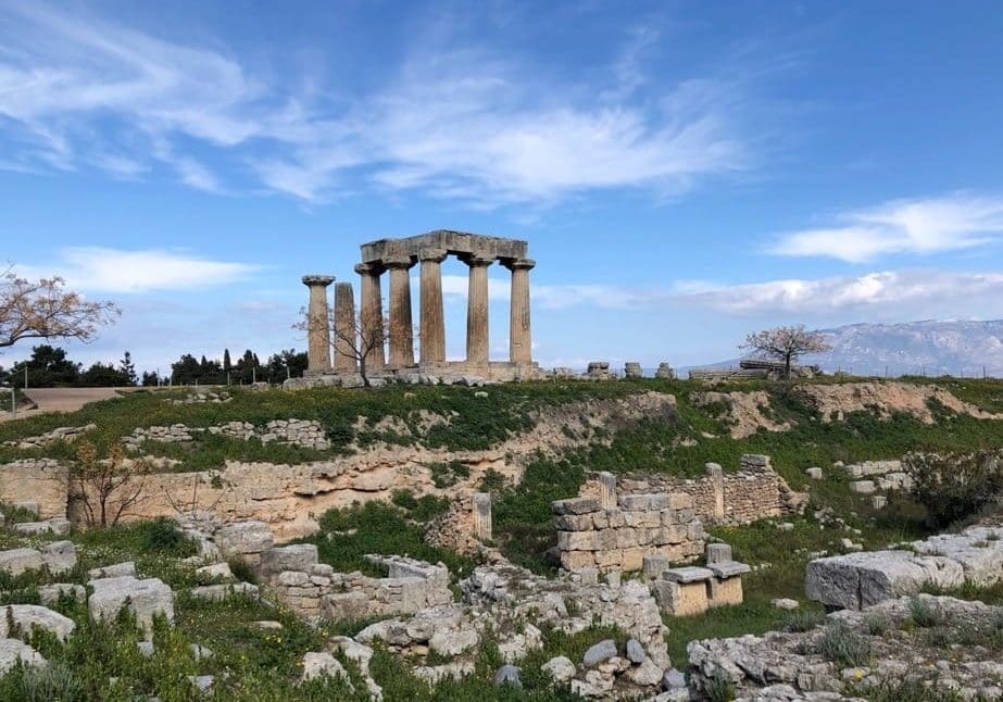 The ruins of the Temple of Apollo at Corinth. The city was known in antiquity for this magnificent Doric temple. Ironically, this was the city where the preacher from Alexandria, Apollos, came to minister. Corinth was destroyed by the Romans under Lucius Mummius, then later refounded as a city by Julius Caesar, just before his assassination. As a result, many monuments in the city were dedicated to his memory, and that of his familv. Photo by John Buckner