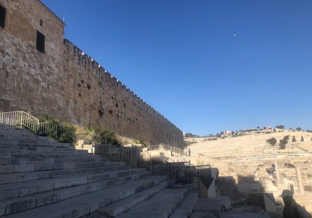 The Mountain of the House, also known as the Temple Mount, with the Mount of Olives in the background.
Some of the steps in the foreground date from the Second Temple period, and would have been the steps Jesus ascended. Archeologists have uncovered around 300 baptismal pools along the steps leading up to the Temple. They would be convenient for baptizing 3,000 people!
The Hebrew word ruakh can mean either spirit, wind, or breath. The Breath of God, the Spirit of God, and the Wind of God are all understood to be cognates.
Photo by John Buckner